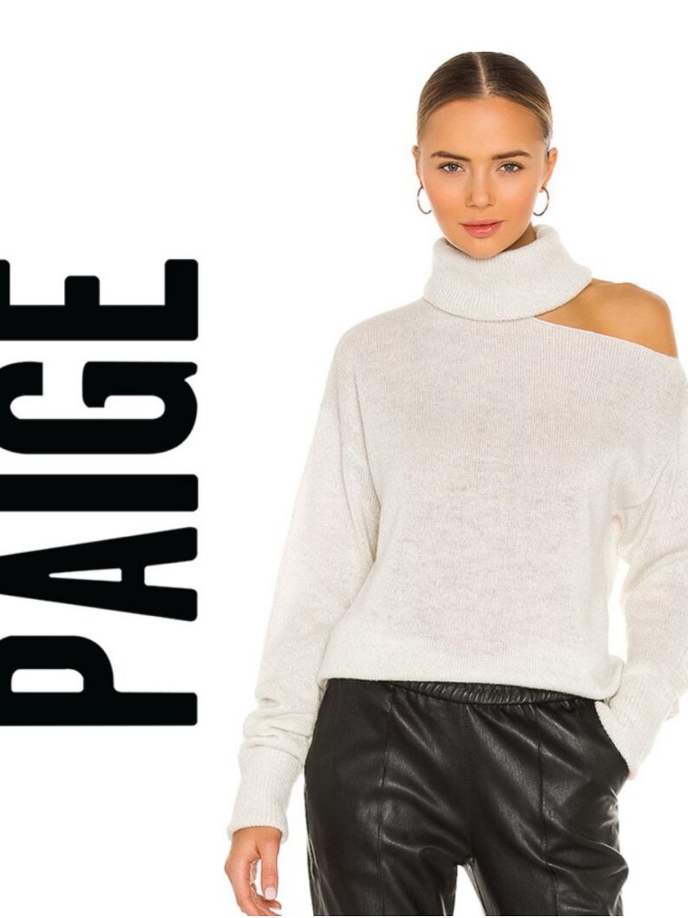 Paige Wool Blend Metallic Turtleneck Sweater Size M Ivory Cut Out Shoulder